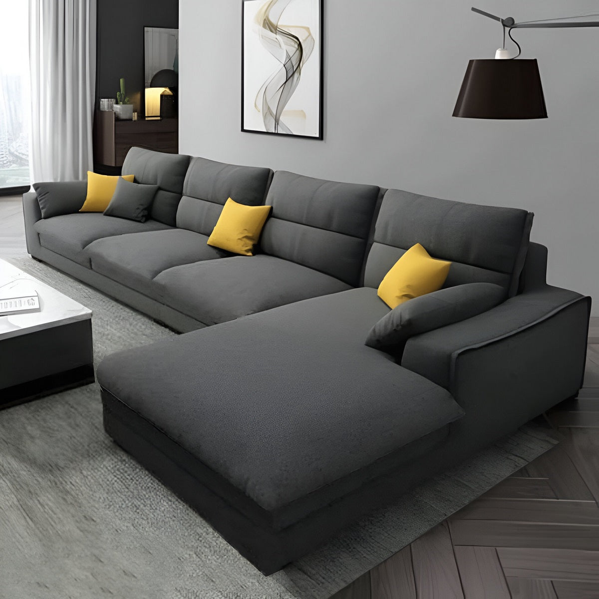 Natural Wood and Linen Fabric L-Shape Sofa - Grey