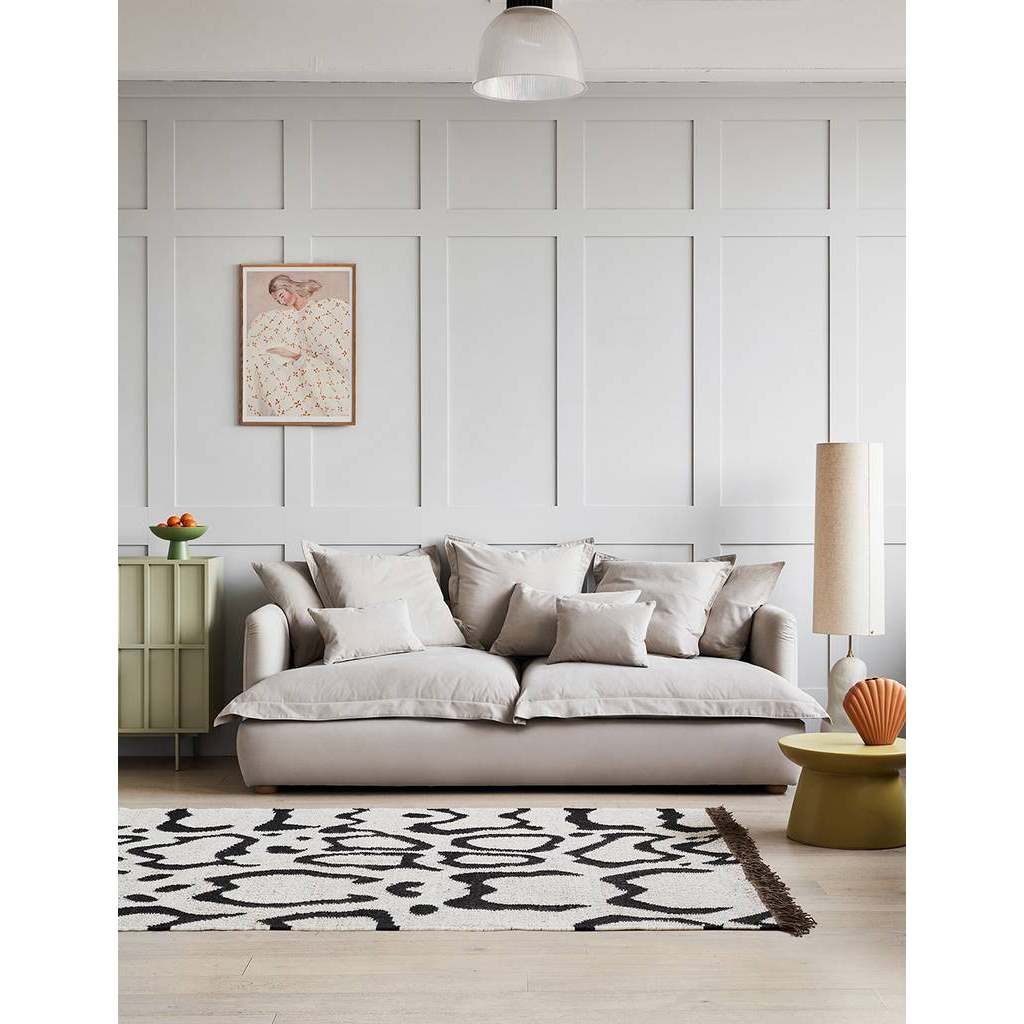 Natural Wood and Velvet Fabric 3 Seater Sofa - Beige