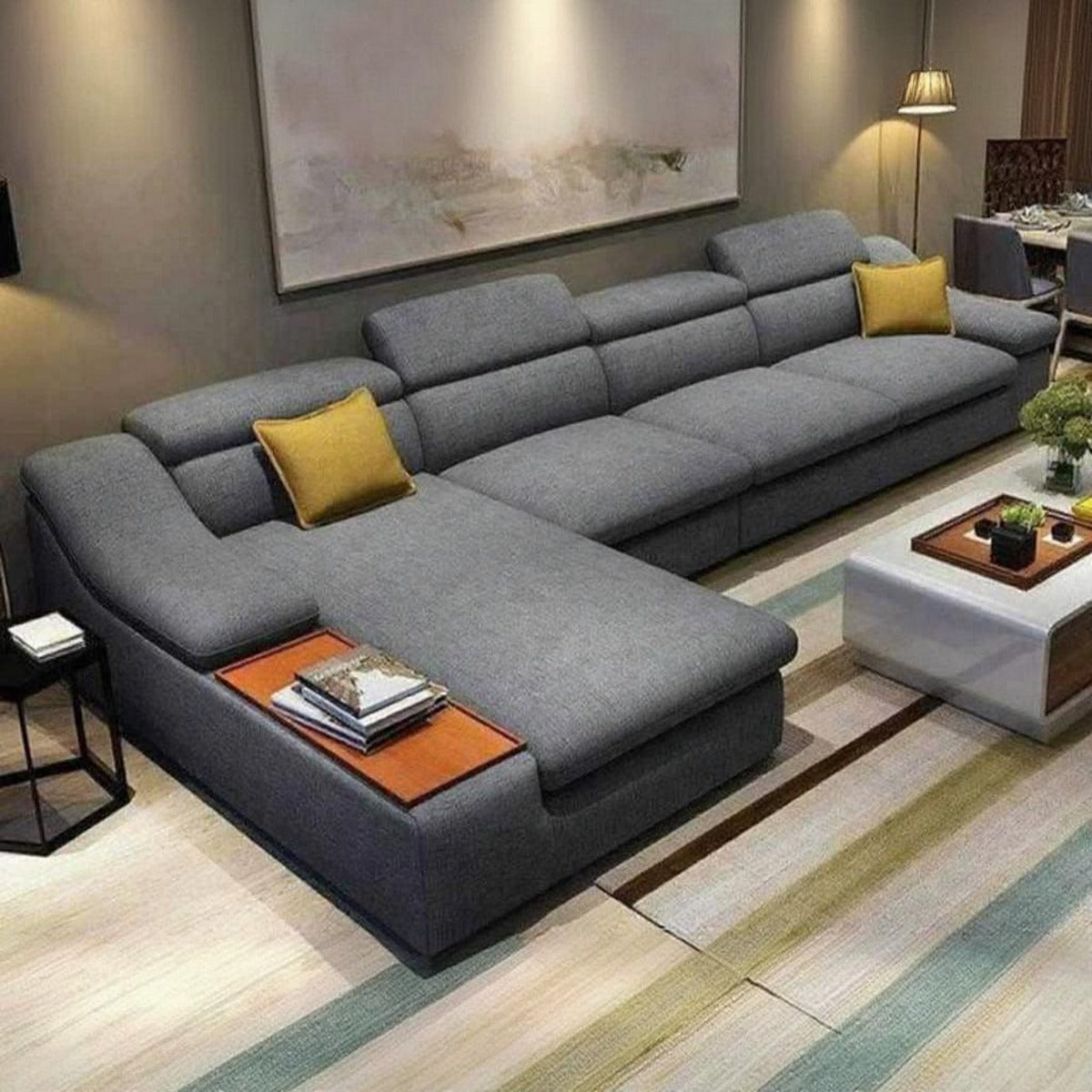 Natural Wood and Linen Fabric L-Shape Sofa - Grey