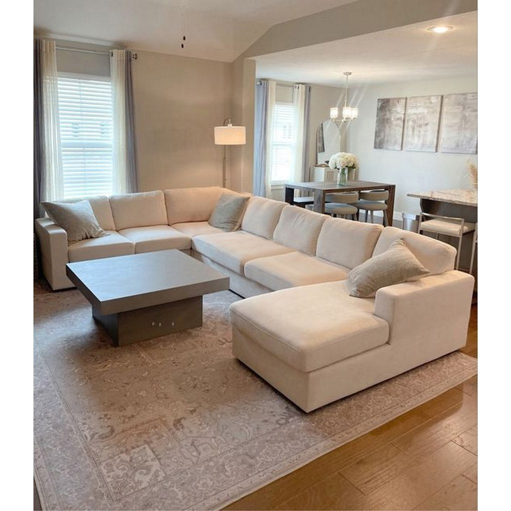 Natural Wood and Linen U-Shape Sofa - Beige