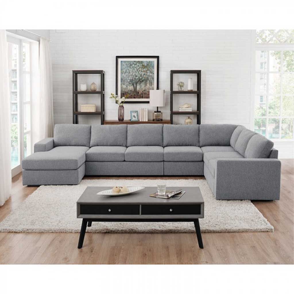 Natural Wood and Linen Fabric L-Shape Sofa - Grey