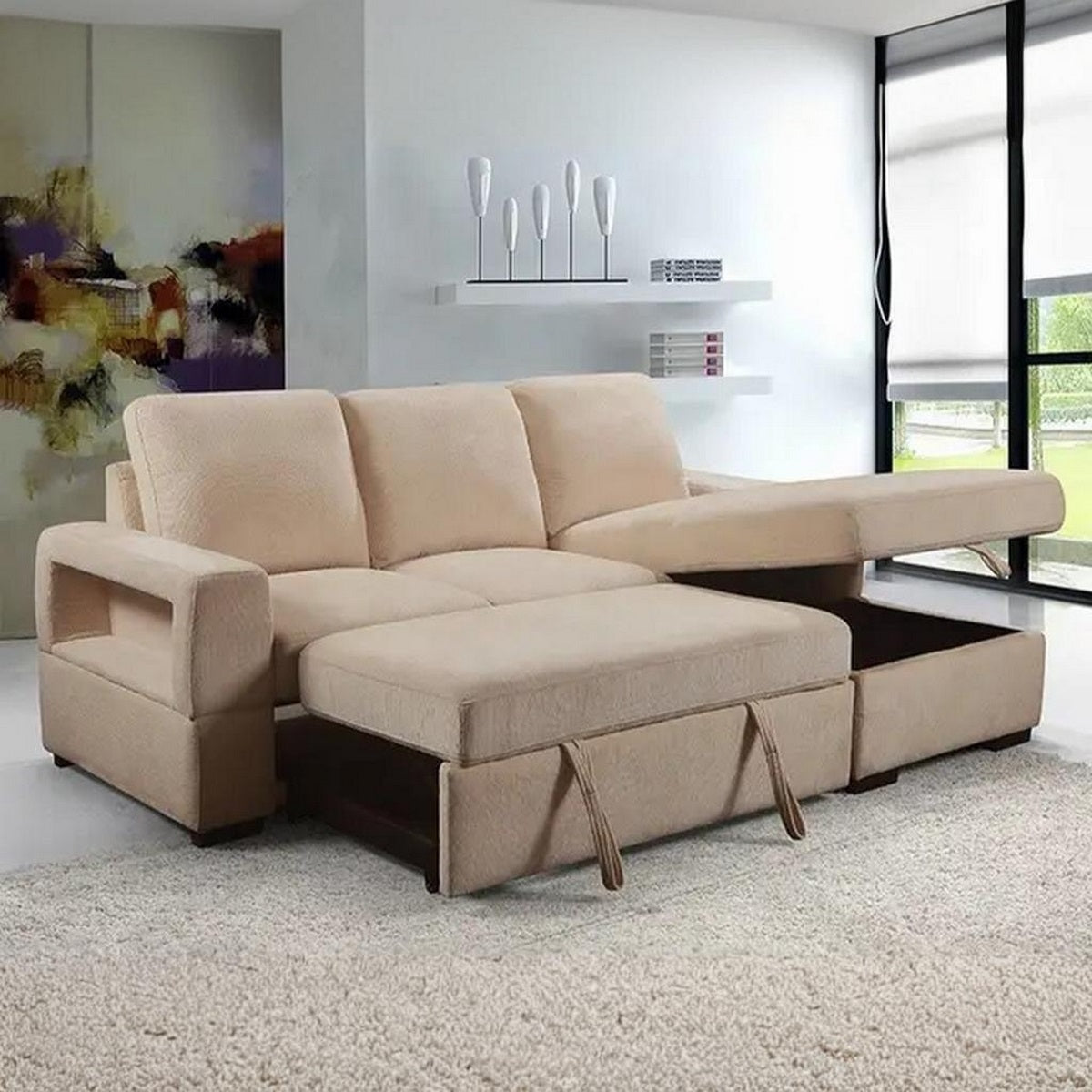 Natural Wood and Linen Fabric L-Shape Sofa - Beige