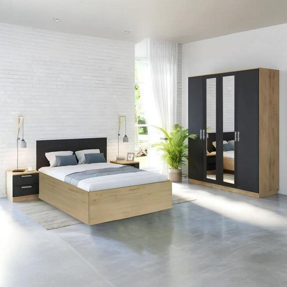 European Union Wood Bedroom 4 Pieces - Beige and Grey