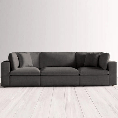 Natural wood and Linen 3 Seater Sofa - Grey