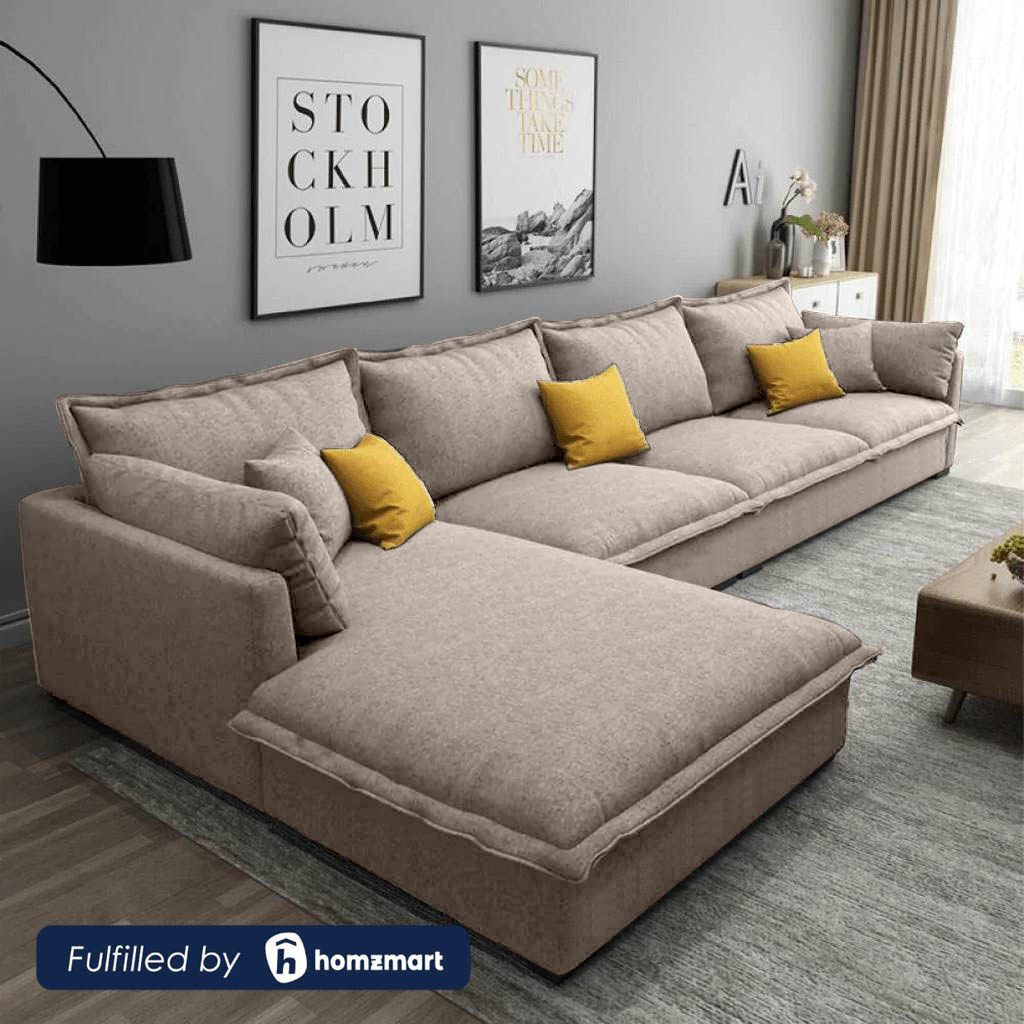 Natural Wood and Linen Fabric L-Shape Sofa - Beige