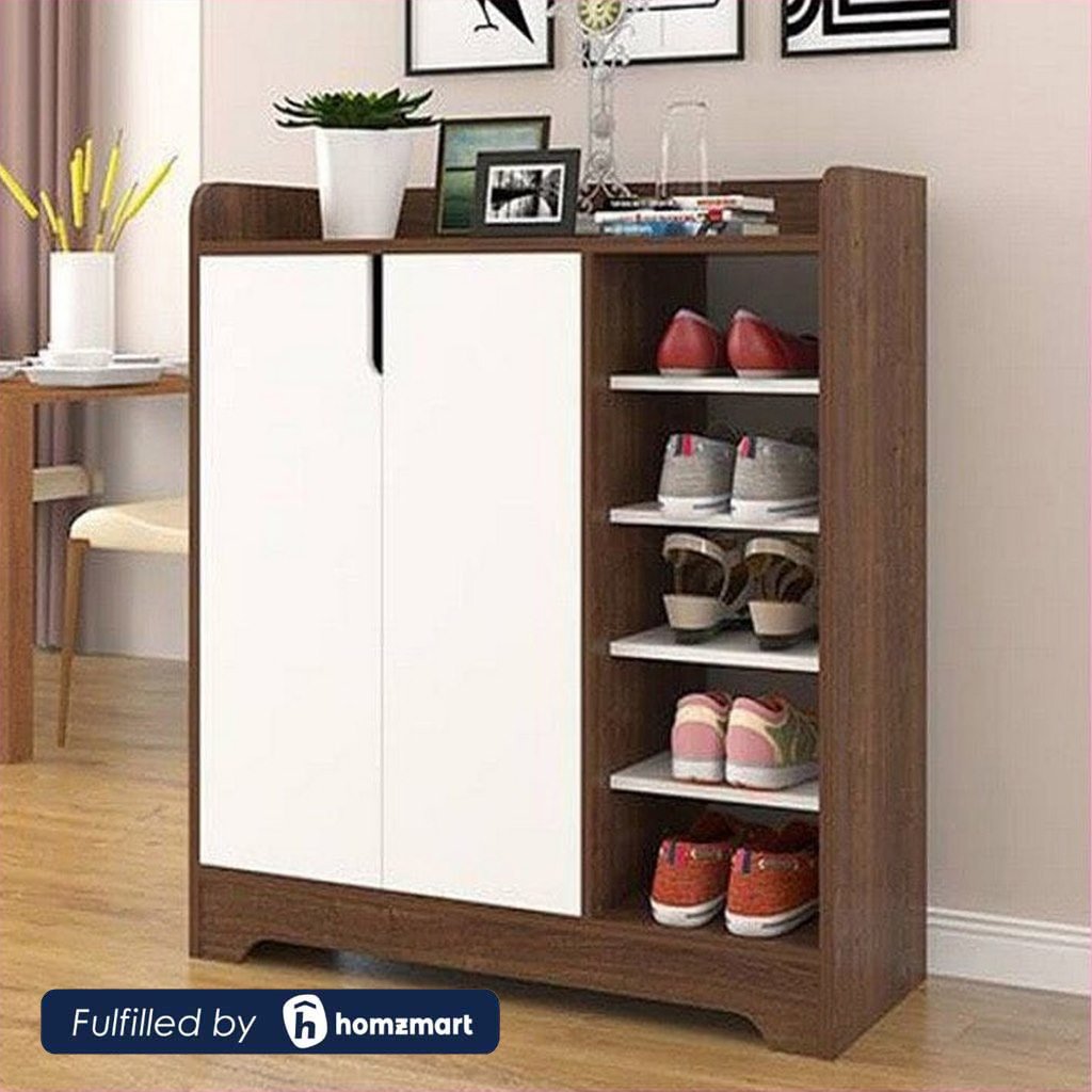 European Union Wood Shoe Rack 2 Shutters and 5 Shelves Brown and White - 100x110x35 cm