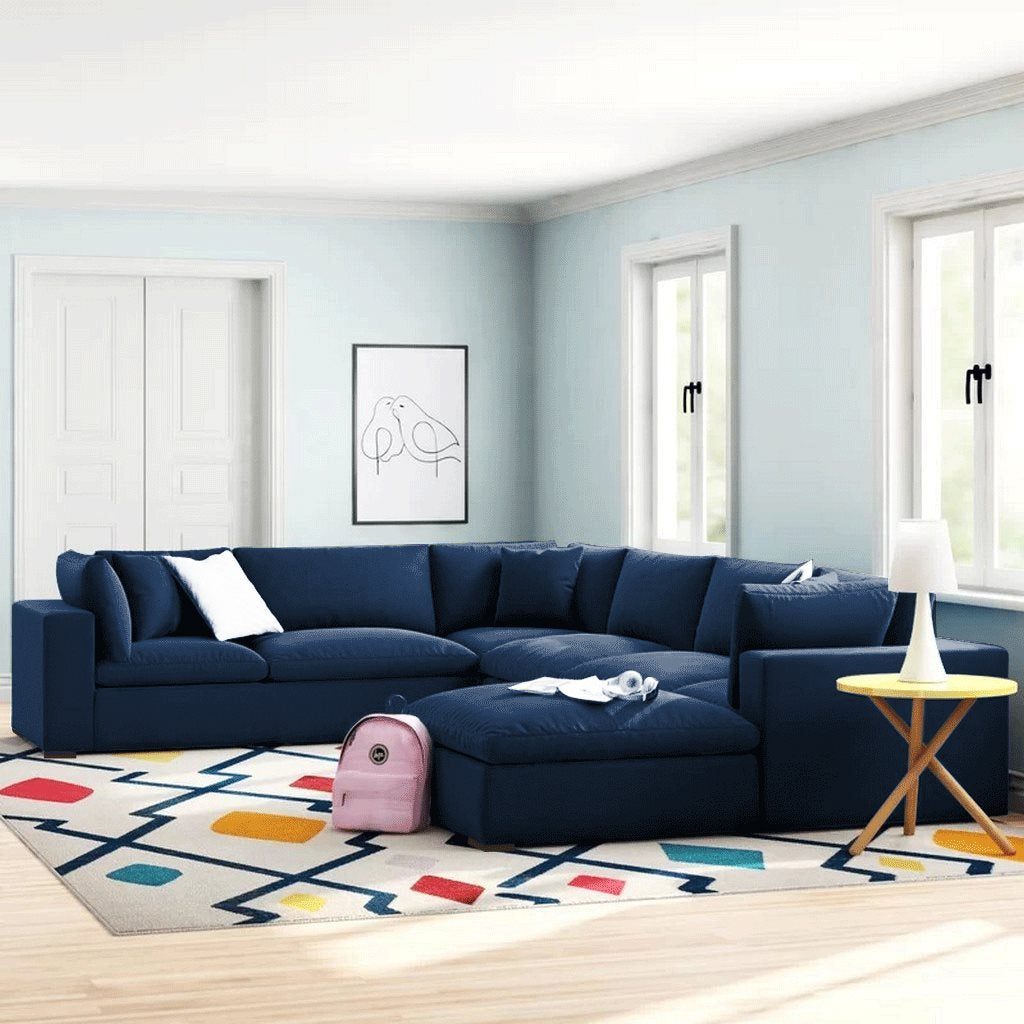 Natural Wood and Velvet Fabric U-Shape Sofa - Blue