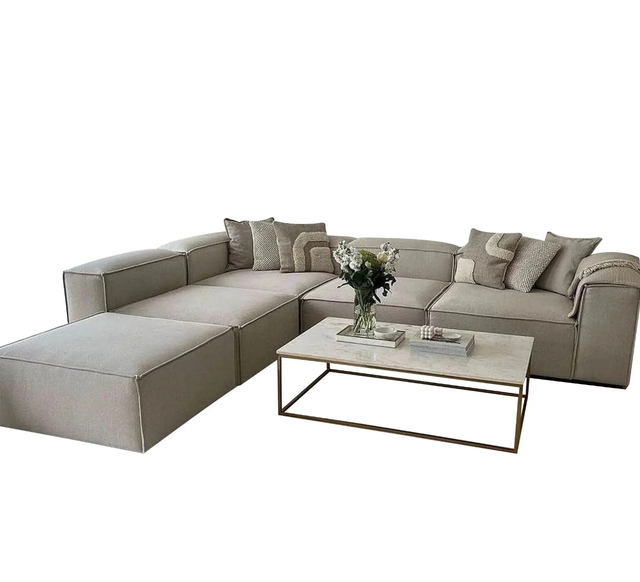 Natural Wood and Linen Fabric L-Shape Sofa and 2 Pouf - Dark Beige