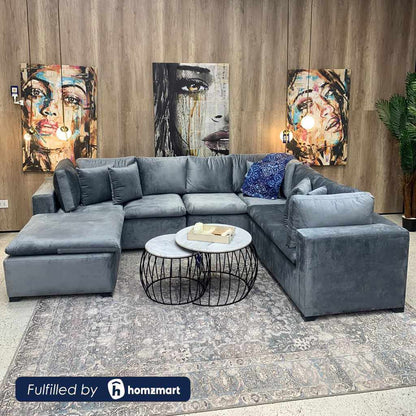 Natural wood and Velvet U-Shape Sofa - Grey