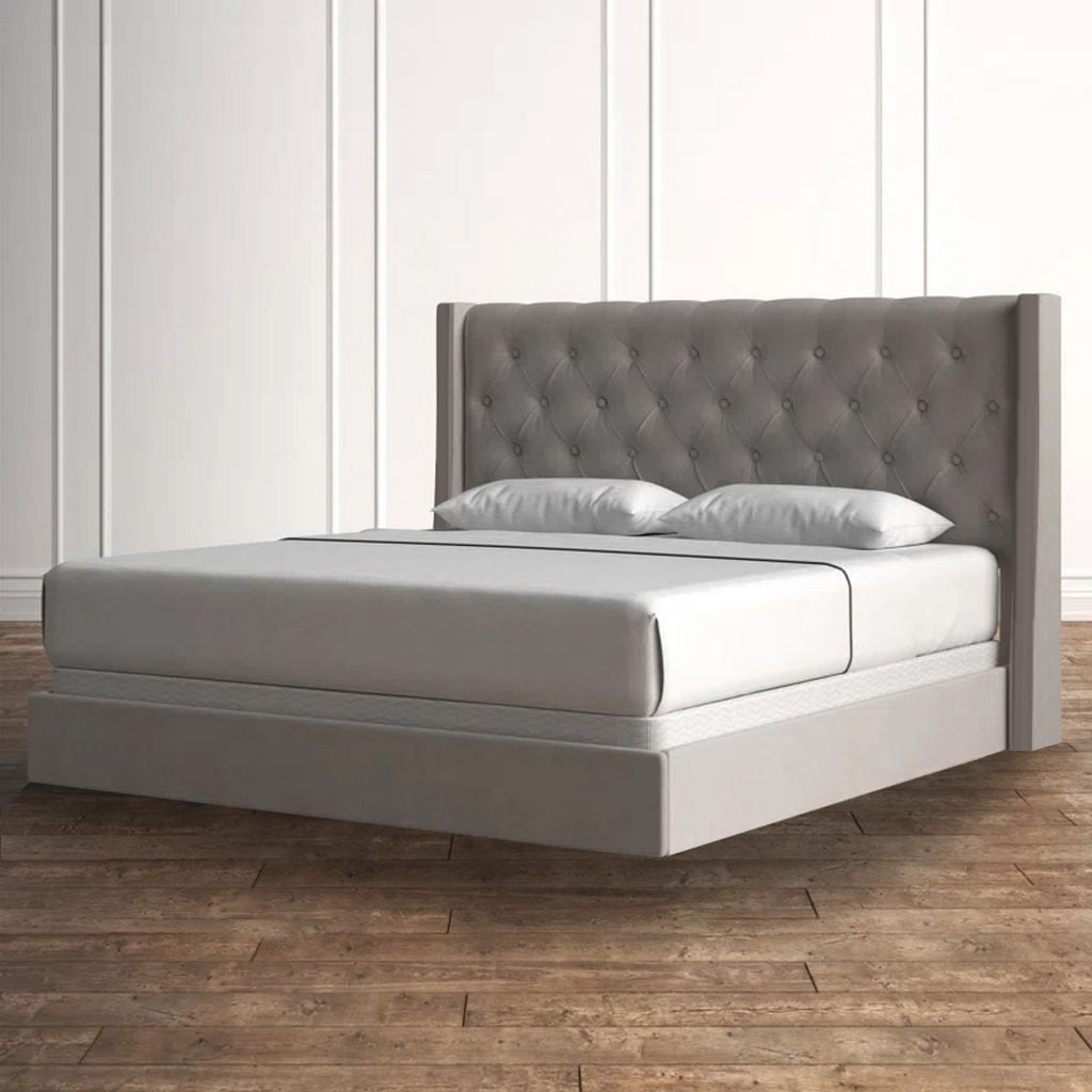Natural wood and European union wood and Velvet Fabric Super King Bed 120×180×195 cm - Beige