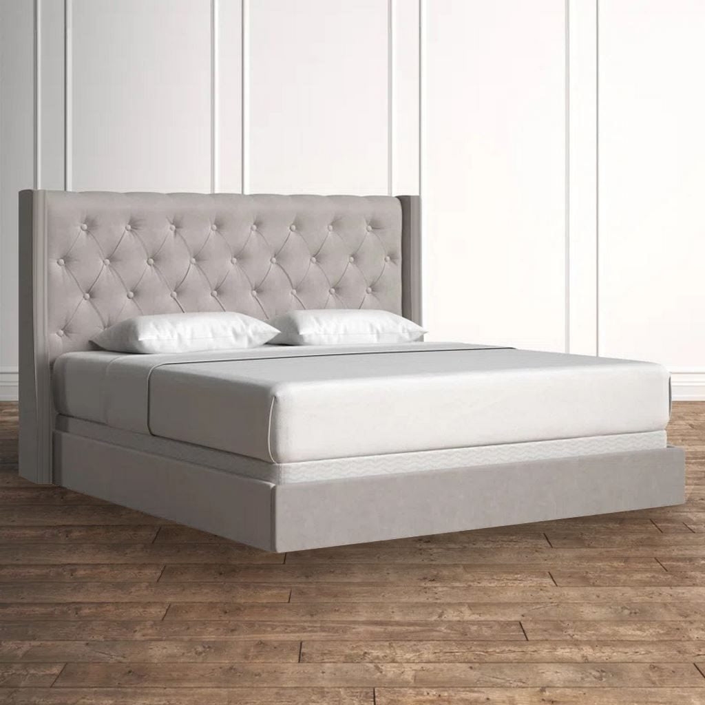 Natural wood and European union wood and Velvet Fabric Super King Bed 120×180×195 cm - Beige