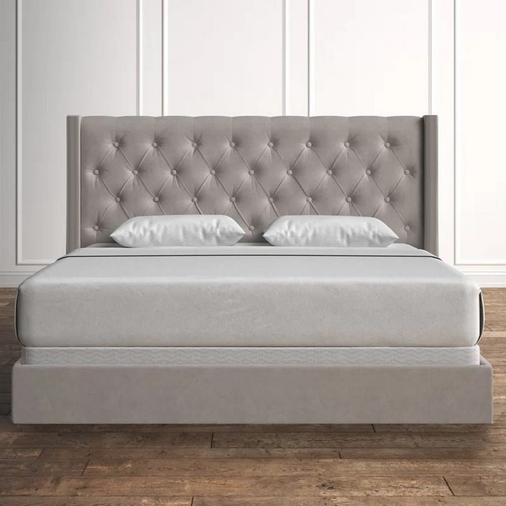 Natural wood and European union wood and Velvet Fabric Super King Bed 120×180×195 cm - Beige