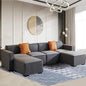 Natural Wood and Linen Fabric 4 Seater Sofa and 2 Poufs - Grey