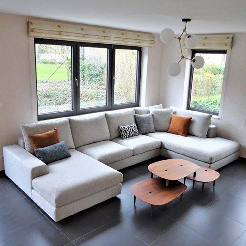 Natural Wood and Linen U-shape Sofa - Grey