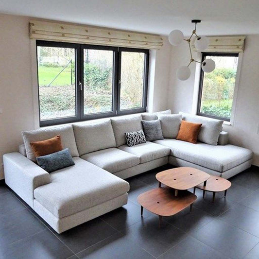 Natural Wood and Linen U-shape Sofa - Grey