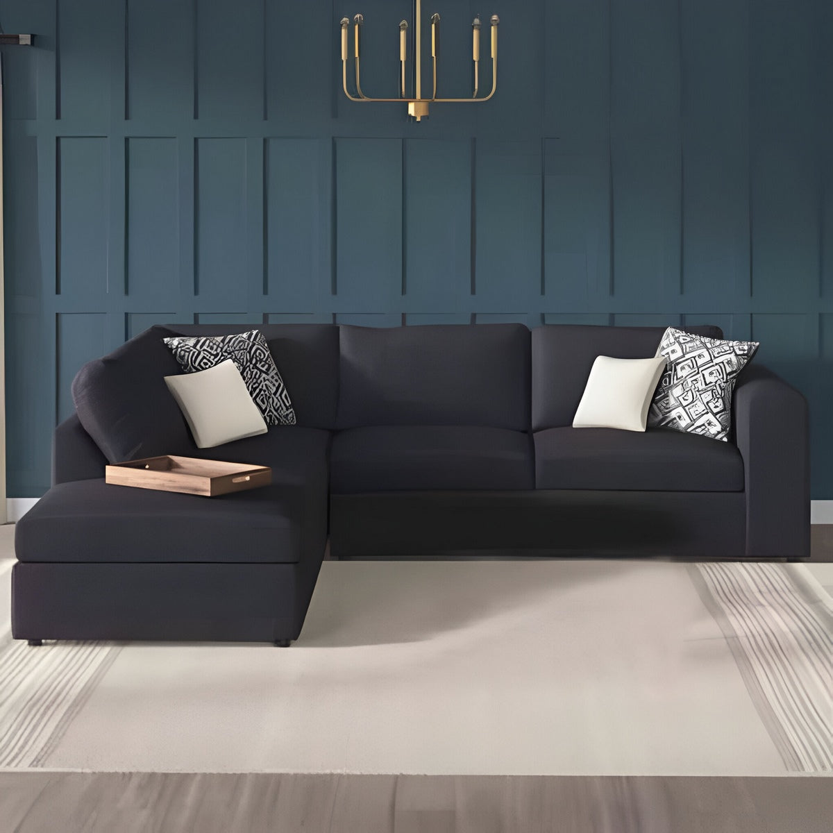 Natural Wood and Velvet Fabric L-Shape Sofa - Black