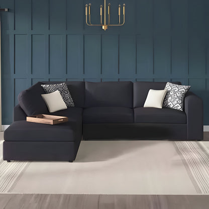 Natural Wood and Velvet Fabric L-Shape Sofa - Black