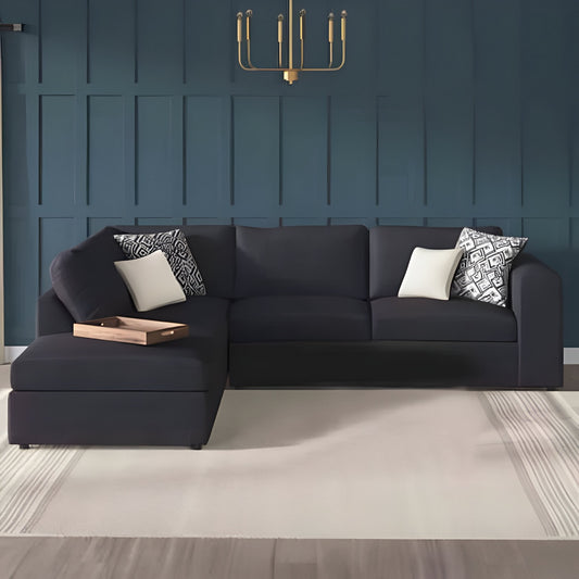 Natural Wood and Velvet Fabric L-Shape Sofa - Black