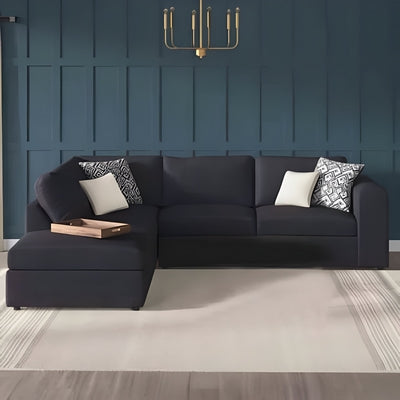 Natural Wood and Velvet Fabric L-Shape Sofa - Black
