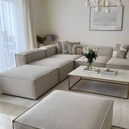 Natural Wood and Linen Fabric L-Shape Sofa and 2 Pouf - Dark Beige