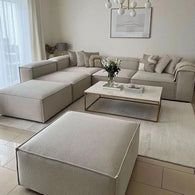 Natural Wood and Linen Fabric L-Shape Sofa and 2 Pouf - Dark Beige