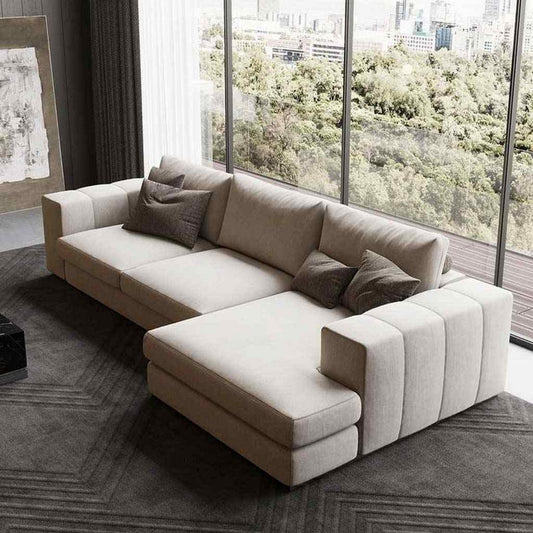 Natural Wood and Linen Fabric L-Shape Sofa - Off-White
