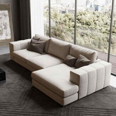 Natural Wood and Linen Fabric L-Shape Sofa - Off-White