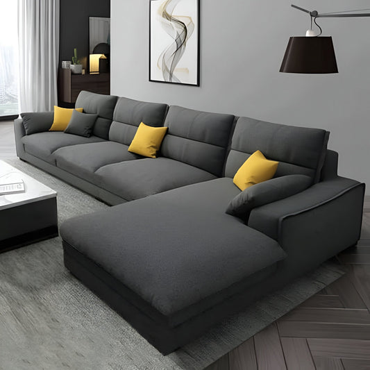 Natural Wood and Linen Fabric L-Shape Sofa - Grey
