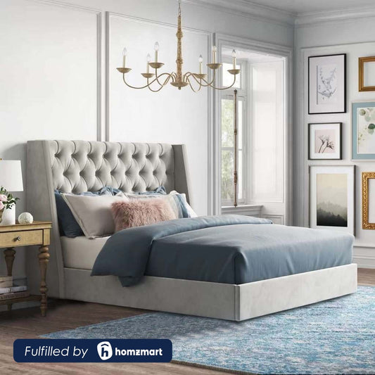 Natural wood and European union wood and Velvet Fabric Super King Bed 120×180×195 cm - Beige