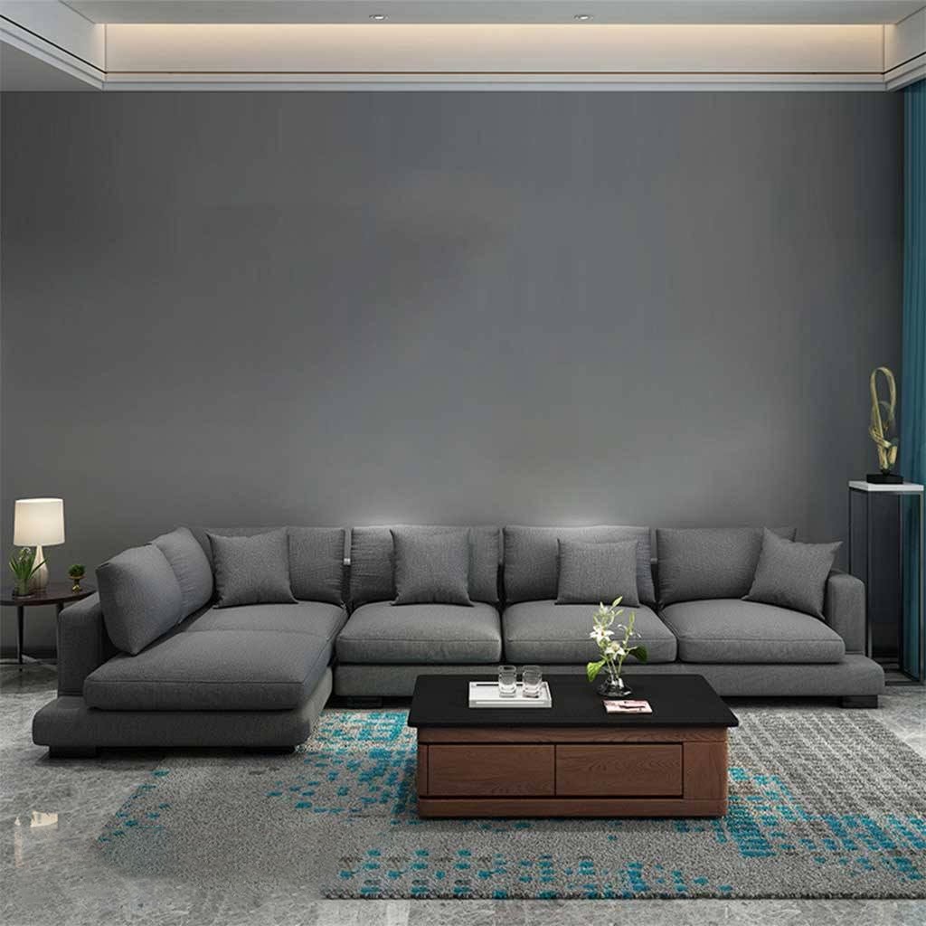Natural Wood and Linen Fabric L-Shape Sofa - Grey