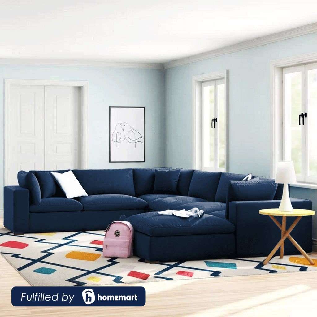 Natural Wood and Velvet Fabric U-Shape Sofa - Blue