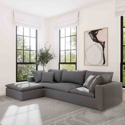 Natural Wood and Linen L-Shape Sofa  - Grey
