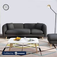 Natural Wood and Linen Fabric 3 Seater Sofa - Dark Grey