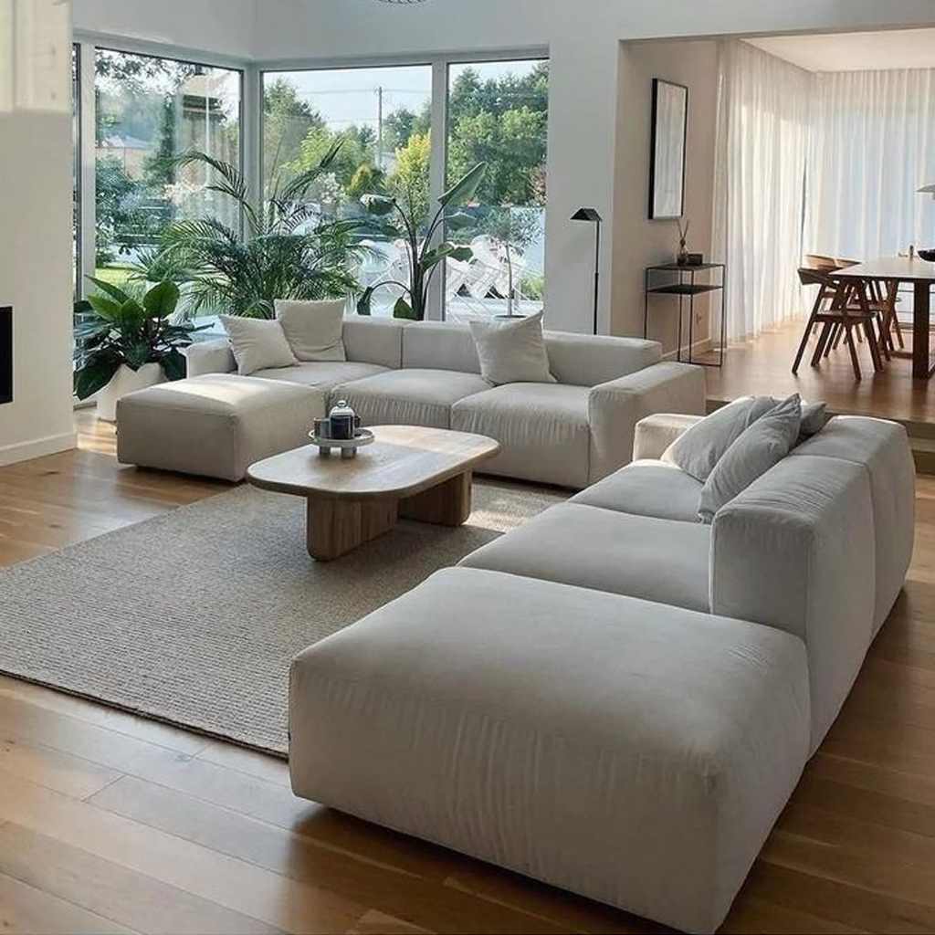 Natural Wood and Linen Modern Living Room Set 4 pieces - Off-White