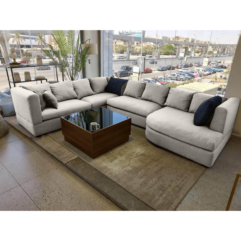 Natural Wood and Linen fabric U-Shape Sofa - Grey