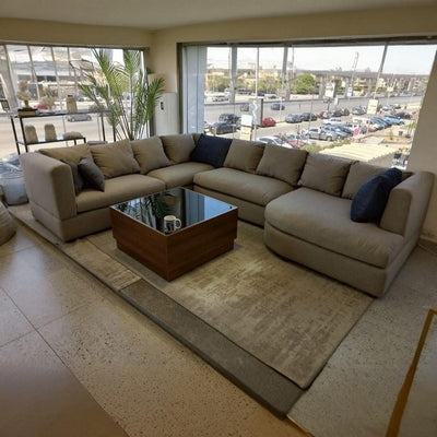 Natural Wood and Linen U-Shape Sofa - Dark Beige