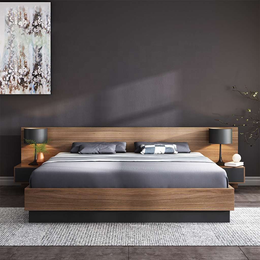 MDF King Bed With 2 Commodes - Brown and Grey