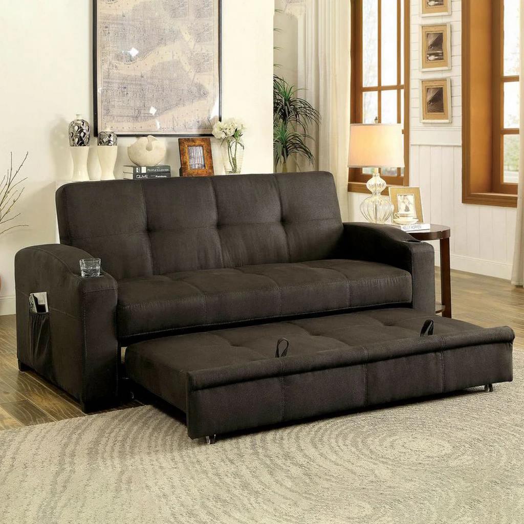 Natural Wood and Velvet Sofa Bed - brown