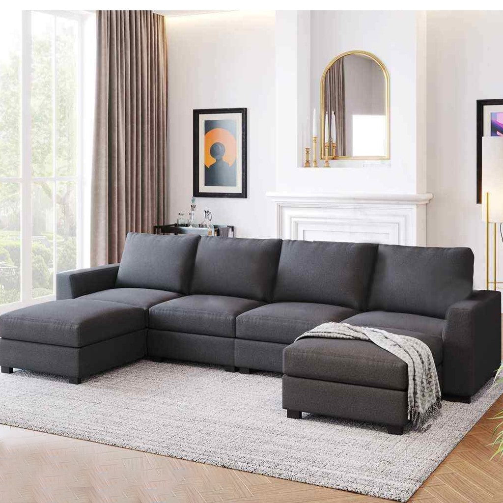 Natural Wood  and Linen Fabric U-Shape Sofa - Grey