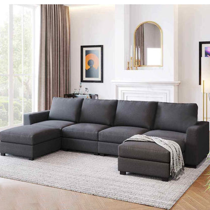 Natural Wood  and Linen Fabric U-Shape Sofa - Grey