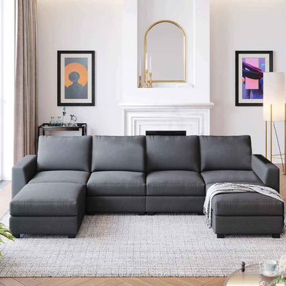Natural Wood  and Linen Fabric U-Shape Sofa - Grey