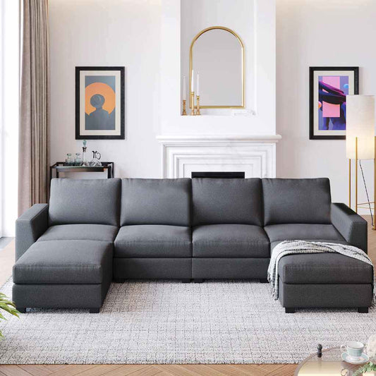 Natural Wood  and Linen Fabric U-Shape Sofa - Grey