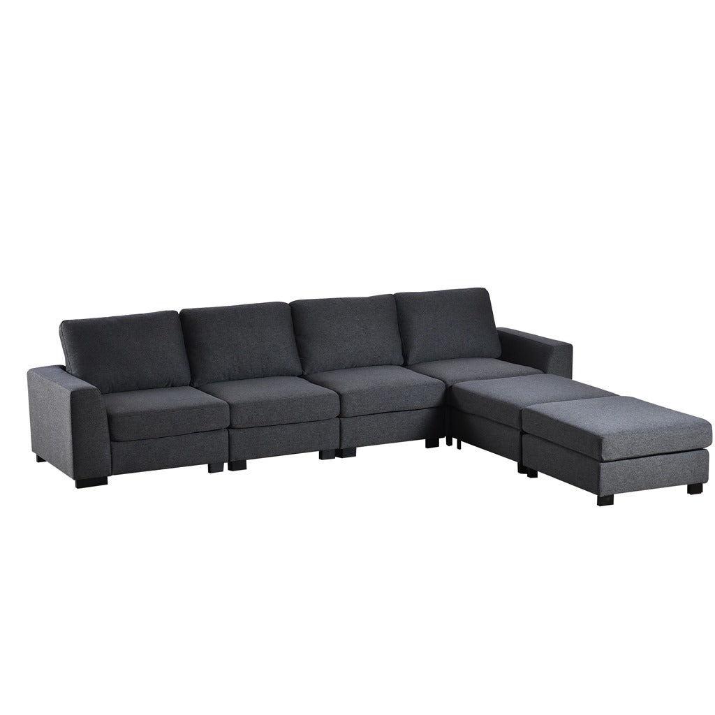 Natural Wood  and Linen Fabric U-Shape Sofa - Grey