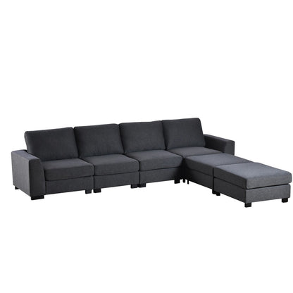Natural Wood  and Linen Fabric U-Shape Sofa - Grey