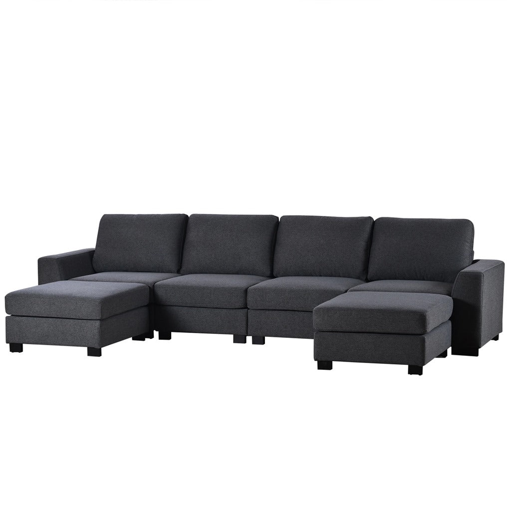 Natural Wood  and Linen Fabric U-Shape Sofa - Grey