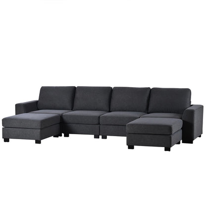 Natural Wood  and Linen Fabric U-Shape Sofa - Grey