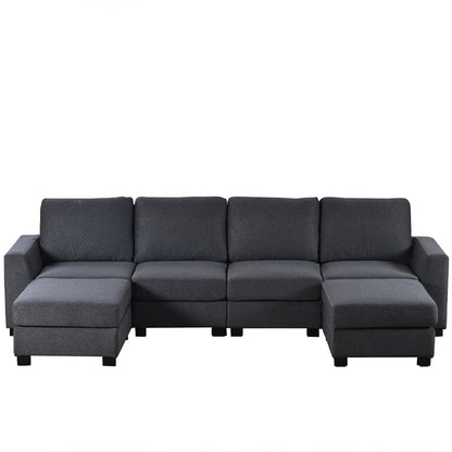 Natural Wood  and Linen Fabric U-Shape Sofa - Grey