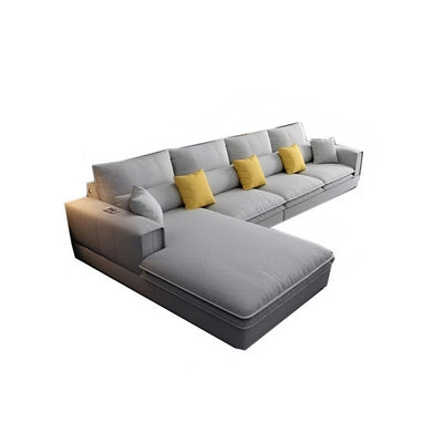 Natural Wood and Linen Fabric L-Shape Sofa - Grey