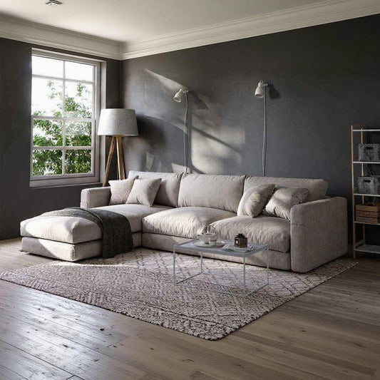 Natural Wood and Linen L-Shape Sofa - Beige