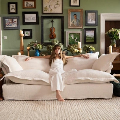 Natural Wood and Linen Fabric 3 Seaters Sofa - Beige
